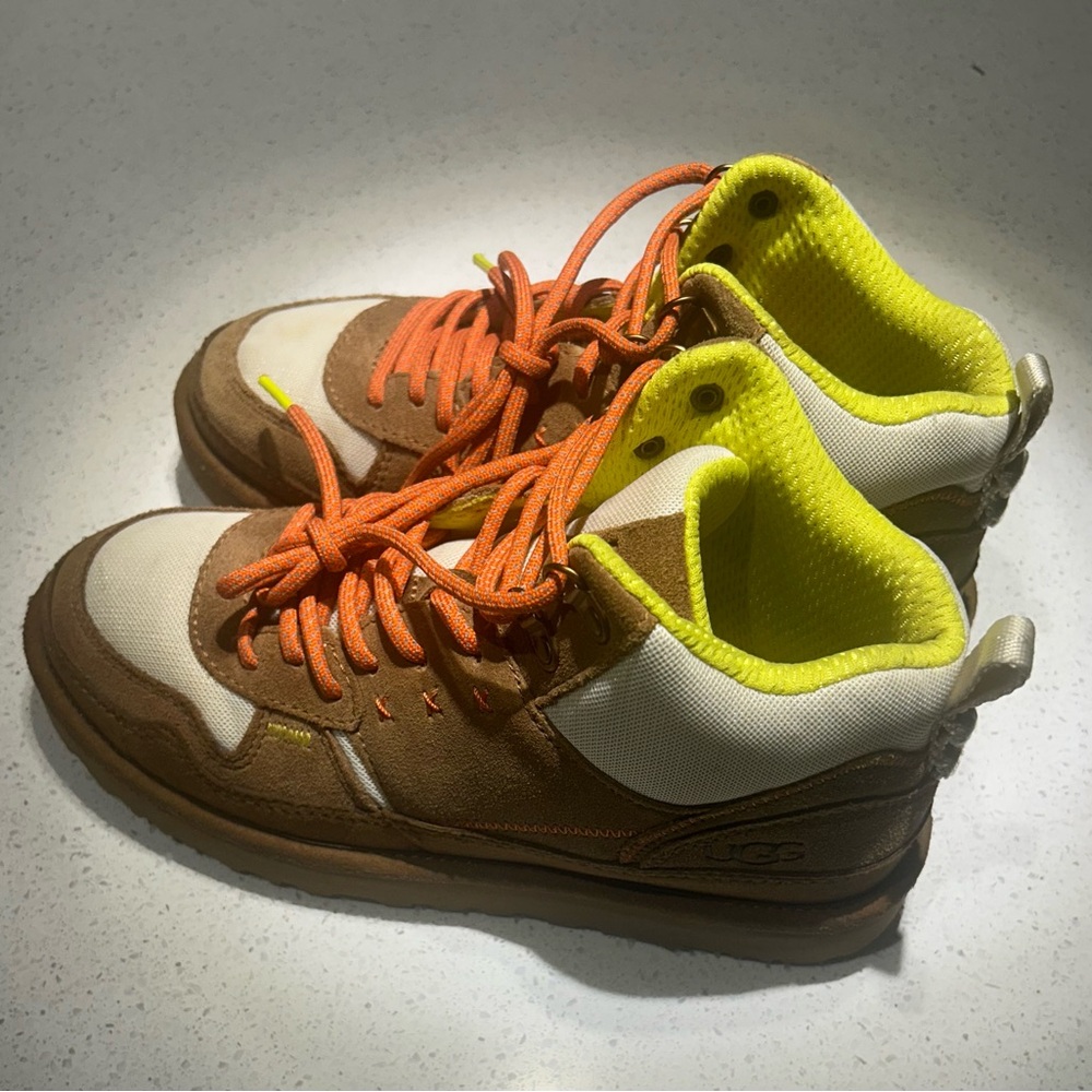 UGG Brown and White Sneakers with Neon Orange Laces